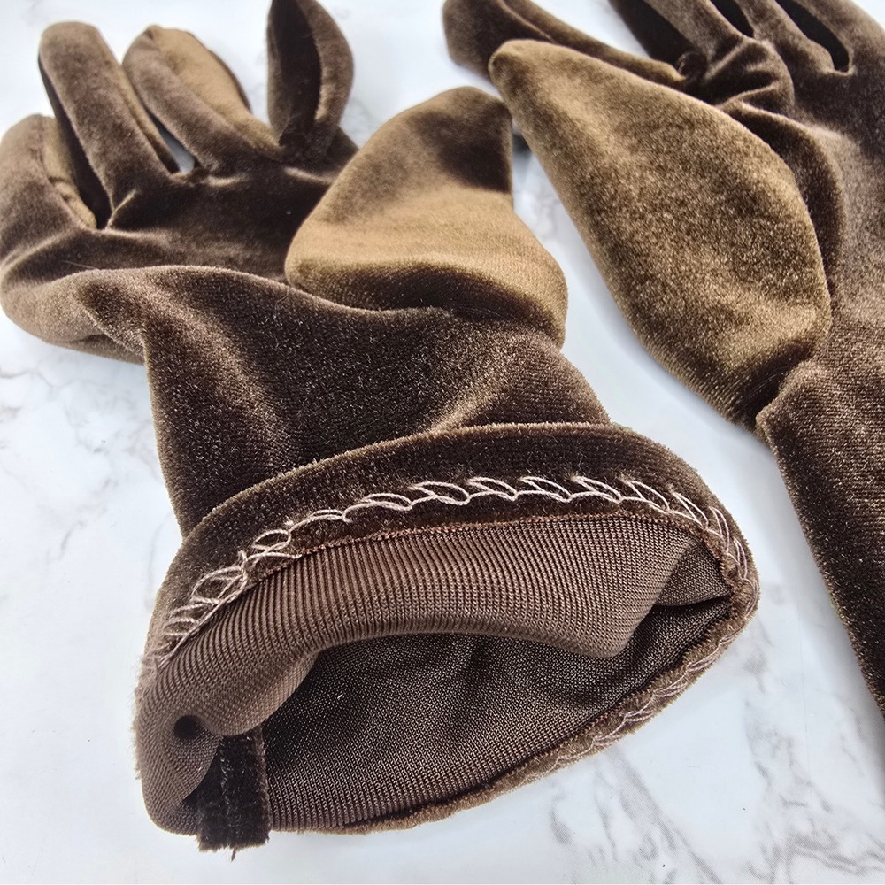Vintage Style Brown Velvet Gloves Green Floral Applique Stretch Evening Shihreen - Picture 5 of 8